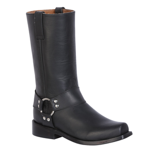 leather harness boot with silver ring detail and durable lug sole – classic motorcycle and western style boot.