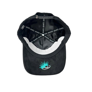 Black cap with white text and a green agave logo on a white background