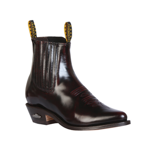 wine leather short western ankle boot with elastic side panels and low heel.