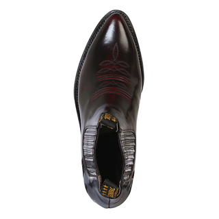 wine leather short western ankle boot with elastic side panels and low heel.
