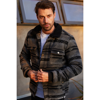 Men's Ethnic Aztec Quilted W/ Faux Fur Lined Jacket - Black