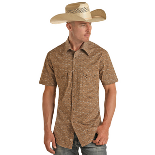 Rock & Roll Denim Longhorn Print Short Sleeve Snap Shirt