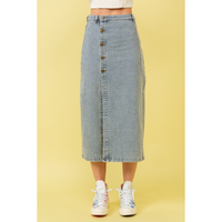 Mid Rise Stretch Midi Denim Skirt