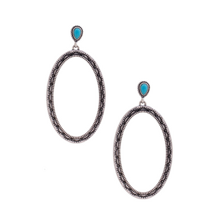 Western Silver Tone Long Oval Earrings