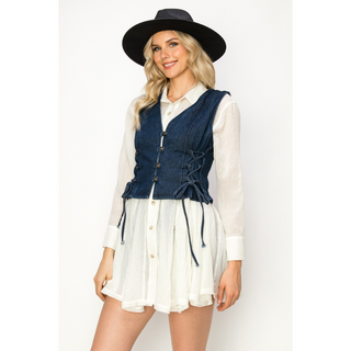 Women's Western Denim Corset Vest with Lace Up Sides - Dark Wash