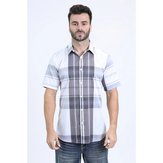 Platini men’s white gray and charcoal plaid short sleeve button-up shirt with oversized plaid pattern