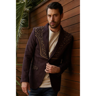 Platini men’s chocolate brown suede Western blazer with khaki embroidered chest , pocket, back and shoulder detailing and black lapels