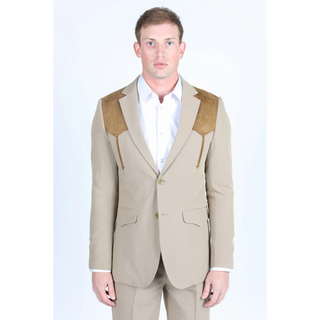 Platini Men's Western Suit Sport Coat with Suede Yokes and Elbow Patches - Khaki