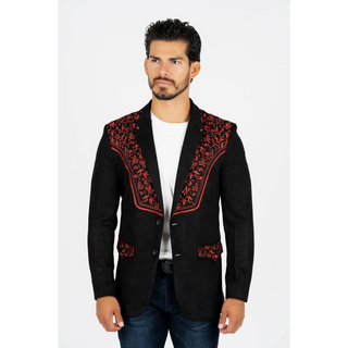 Platini men’s black and burgundy suede Western blazer with burgundy embroidered chest, pocket, back and shoulder detailing and black lapels