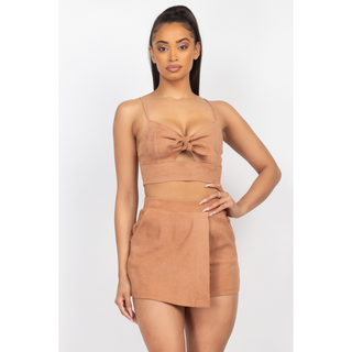 Faux Suede Crop Top and Skort Set - Cognac