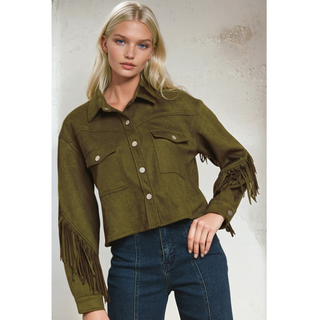 Front view of model wearing olive suede fringe western jacket with snap buttons