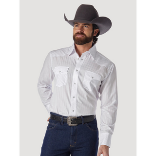 Wrangler Western Long Sleeve Snap Dobby Stripe Shirt- White