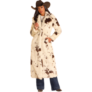 Powder River Outfitters Women's Cow Print Duster Faux Fur Coat