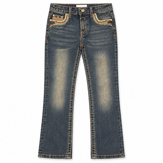 Centenario boy's premium modern slim bootcut western jeans in dark  blue wash with decorative front pocket details- 
