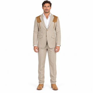 Platini Men's Western Suit with Suede Yokes - Khaki