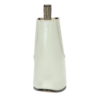 leather short western ankle boot with elastic side panels and low heel.