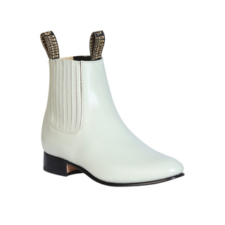 leather short western ankle boot with elastic side panels and low heel.