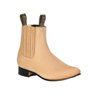leather short western ankle boot with elastic side panels and low heel.