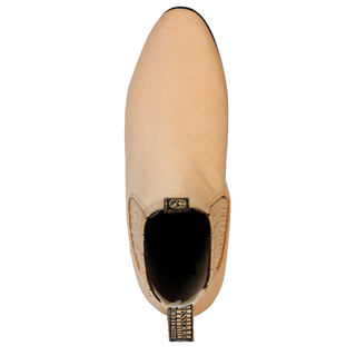 leather short western ankle boot with elastic side panels and low heel.