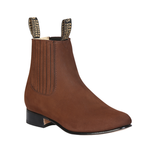 leather short western ankle boot with elastic side panels and low heel.