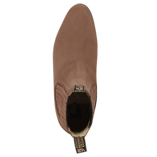 leather short western ankle boot with elastic side panels and low heel.