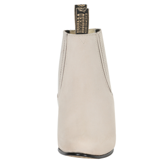 leather short western ankle boot with elastic side panels and low heel.