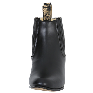 Black leather short western ankle boot with elastic side panels and low heel.