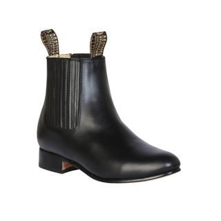 Black leather short western ankle boot with elastic side panels and low heel.