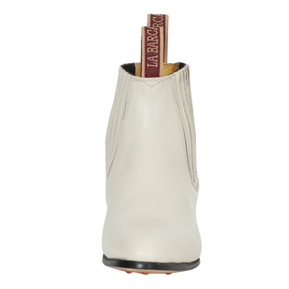 leather short western ankle boot with elastic side panels and low heel.