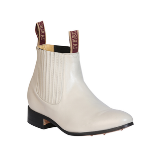 leather short western ankle boot with elastic side panels and low heel.