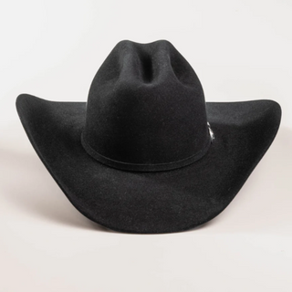 Front view of 20X Pinnacle black fur-felt cowboy hat with cattleman crease and 4¼-inch brim