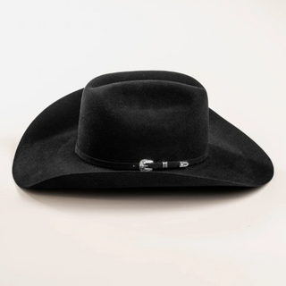Side view of 20X Pinnacle black fur-felt hat showing silver buckle hatband detail
