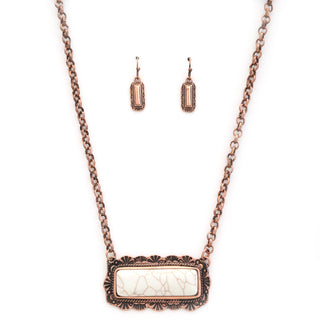 Copper Tone with Marbled Bar Pendant Necklace & Earrings Set