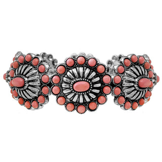 Western Floral Coral Stone Concho Stretch Bracelet