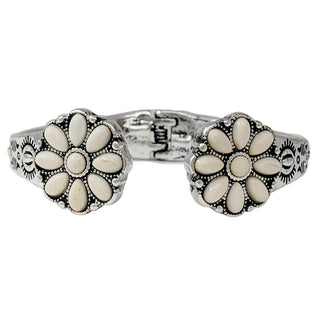 Western Floral Concho Stone Hinge Bangle Bracelet - White