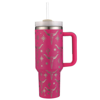 40 oz. Cow Skull & Cactus Western Tumbler with Straw - Fuchsia