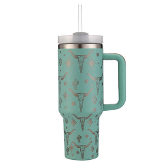 40 oz. Cow Skull & Cactus Western Tumbler with Straw - Turquoise