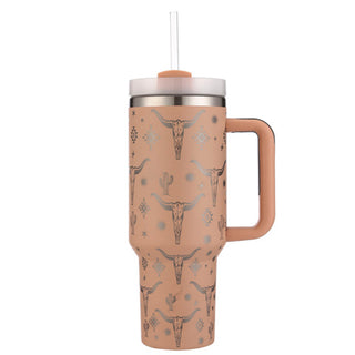 40 oz. Cow Skull & Cactus Western Tumbler with Straw - Coral