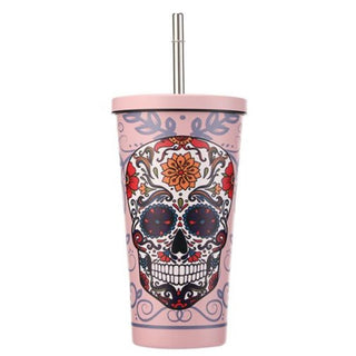 Stainless Steel Sugar Skull Tumbler with Straw - Pink