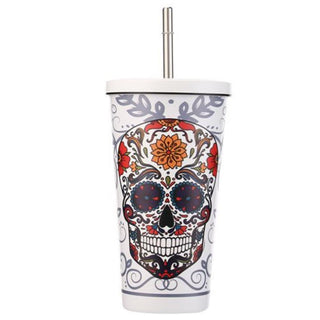 Stainless Steel Sugar Skull Tumbler with Straw - White