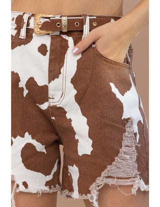 Twill Cow Print Frayed Edge Belted Shorts