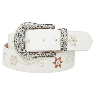 Women’s Embroidered Cowgirl Flower Belt w/ Silver Buckle - White