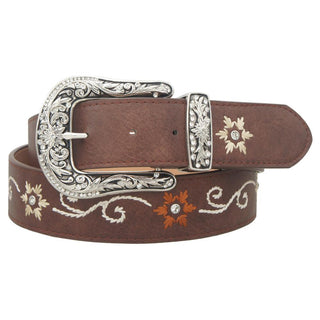 Women’s Embroidered Cowgirl Flower Belt w/ Silver Buckle - Brown