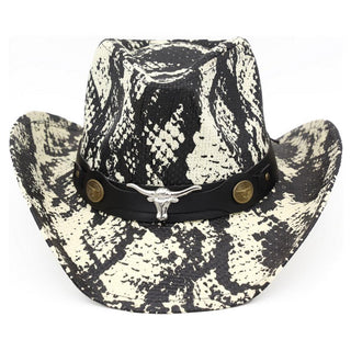 Western Festival Snake Print Cowboy Hat with Bull Head Band -Black