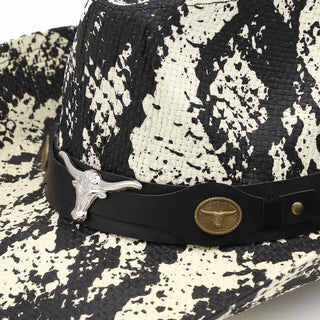 Western Festival Snake Print Cowboy Hat with Bull Head Band -Black