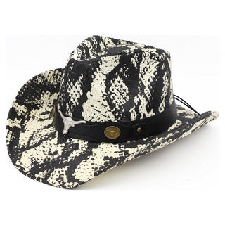 Western Festival Snake Print Cowboy Hat with Bull Head Band -Black
