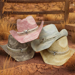 Western Festival Vintage Cowboy Hat with Silver Bull Head Band - Pink