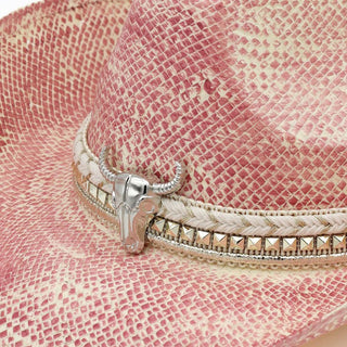 Western Festival Vintage Cowboy Hat with Silver Bull Head Band - Pink