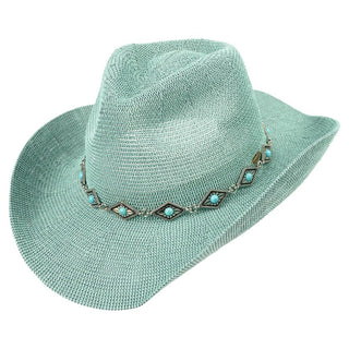 Knitted Cowboy Hat with Turquoise Stone Band - Mint