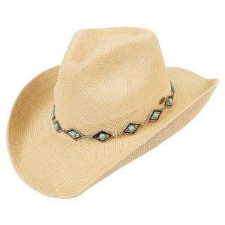 Knitted Cowboy Hat with Turquoise Stone Band - Beige